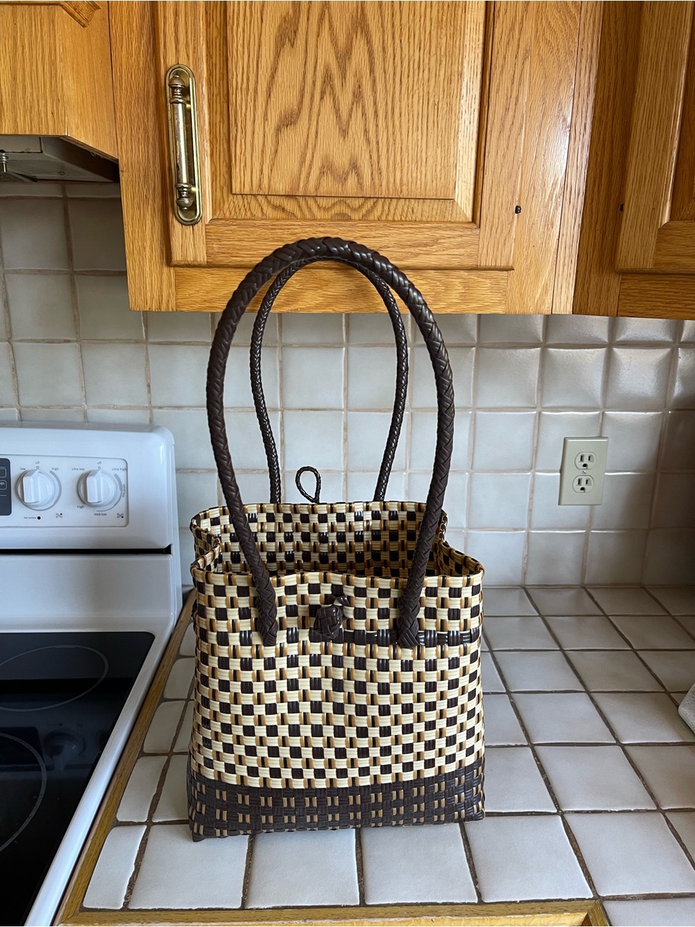 Woven Two-Tone Brown and Cream Tote Bag